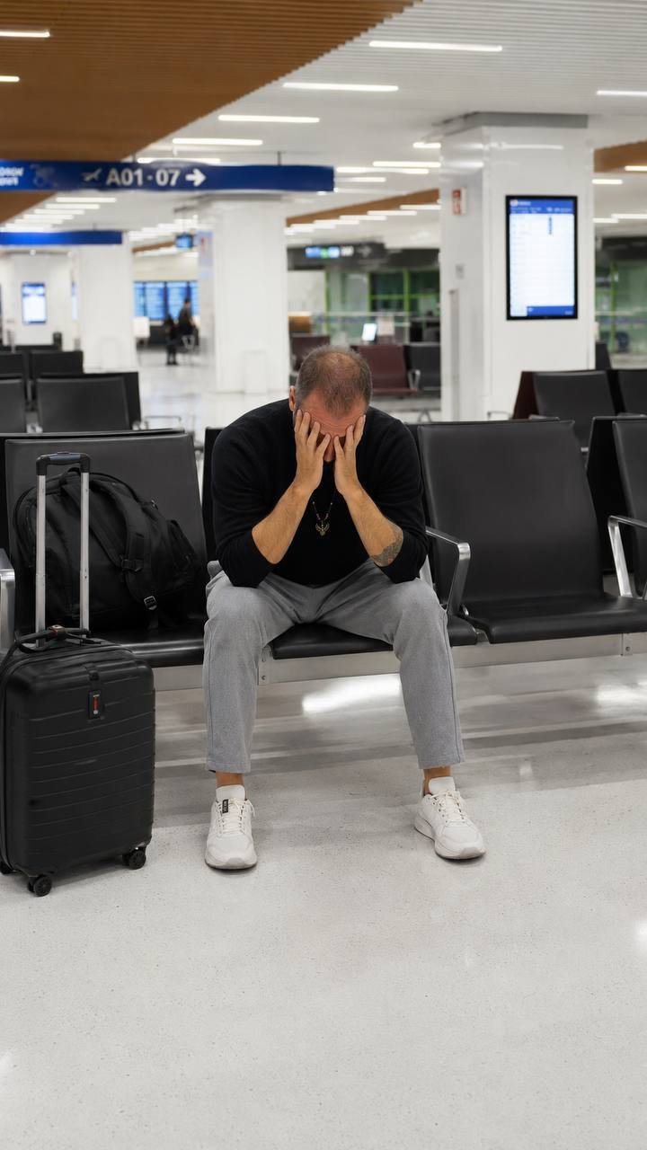Luca in aeroporto con la testa tra le mani, prima di un volo